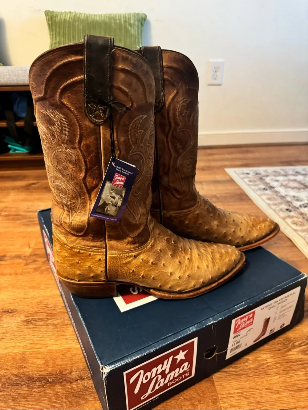 Tony Lama Full Quill Ostrich Cowboy Boots- Antique Tan Mens 13